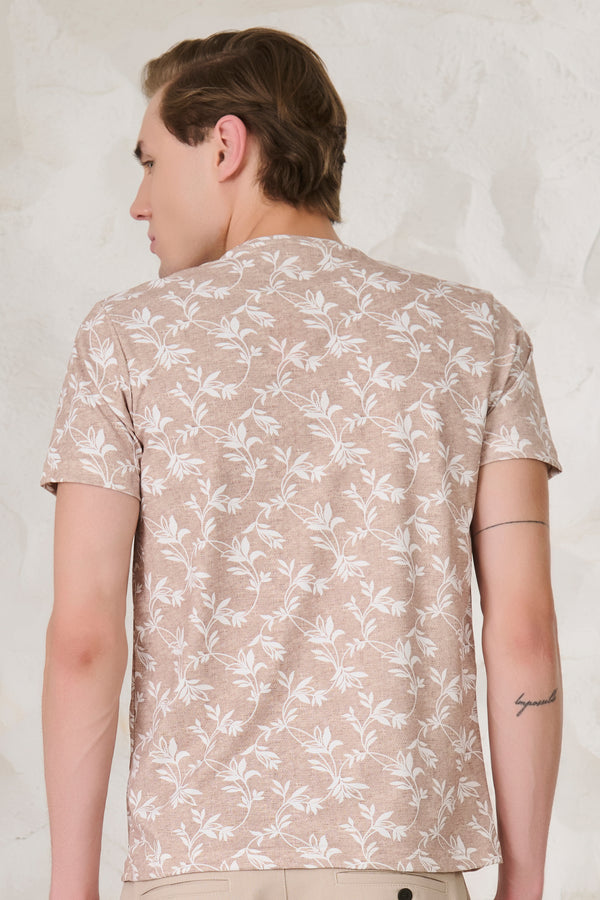 All Over Leaves T-Shirt - Beige