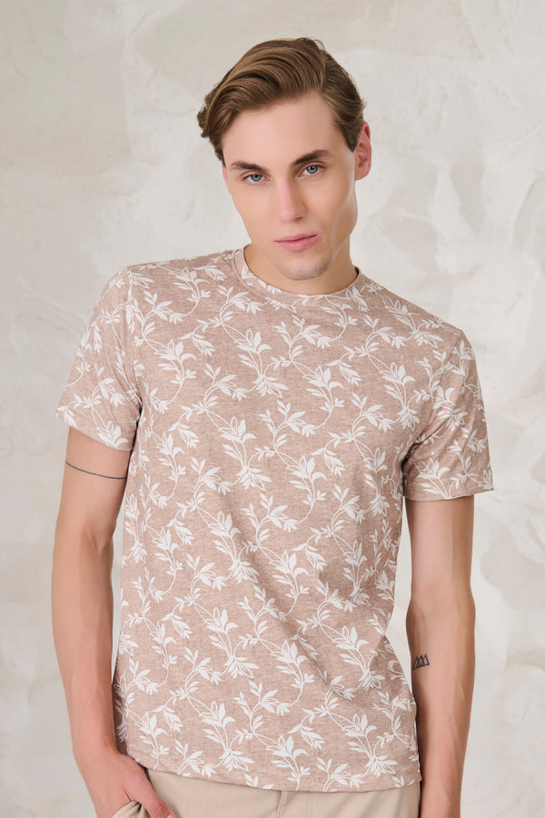 All Over Leaves T-Shirt - Beige