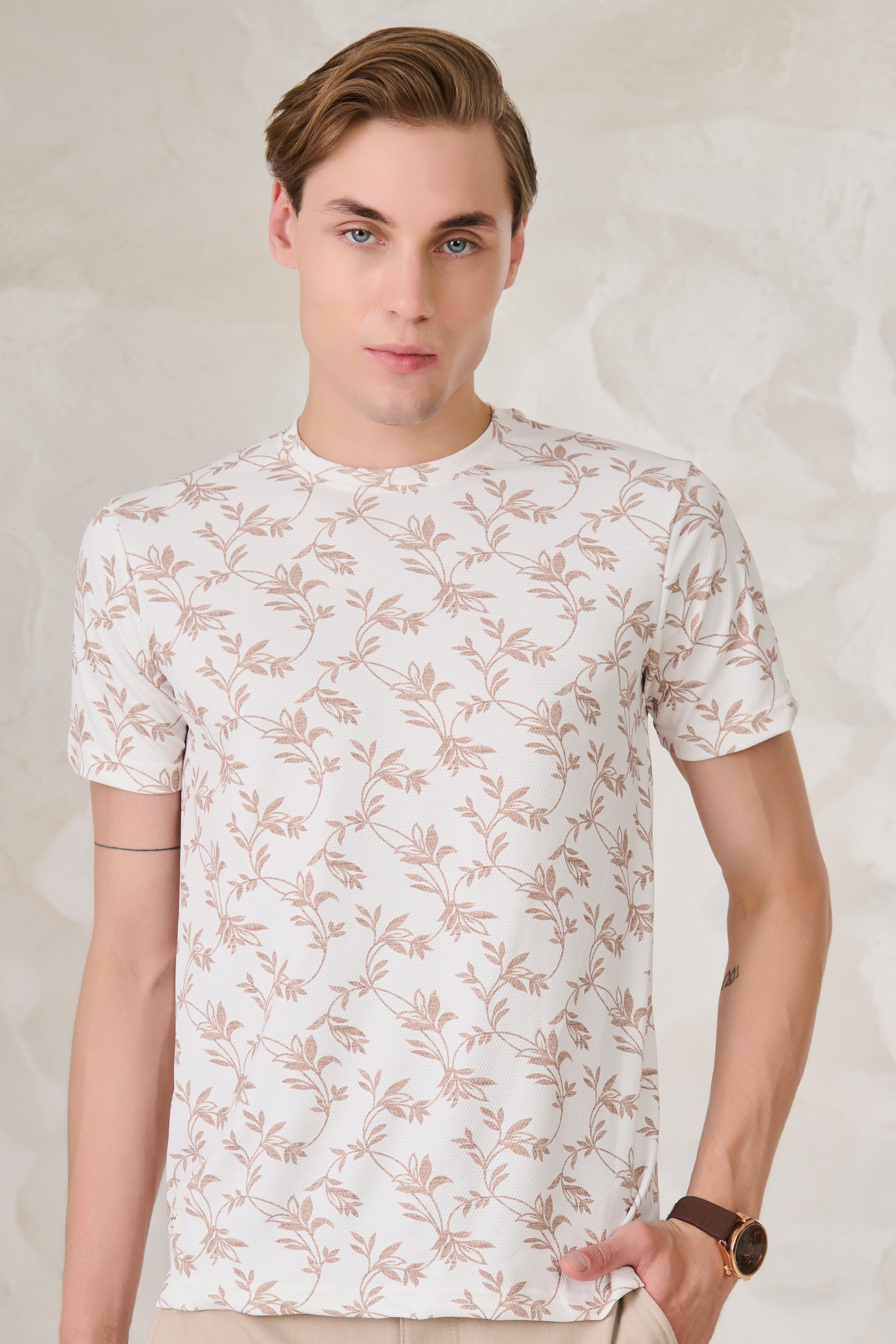 Buy All Over Leaves T-Shirt - White Online Shopping view 1