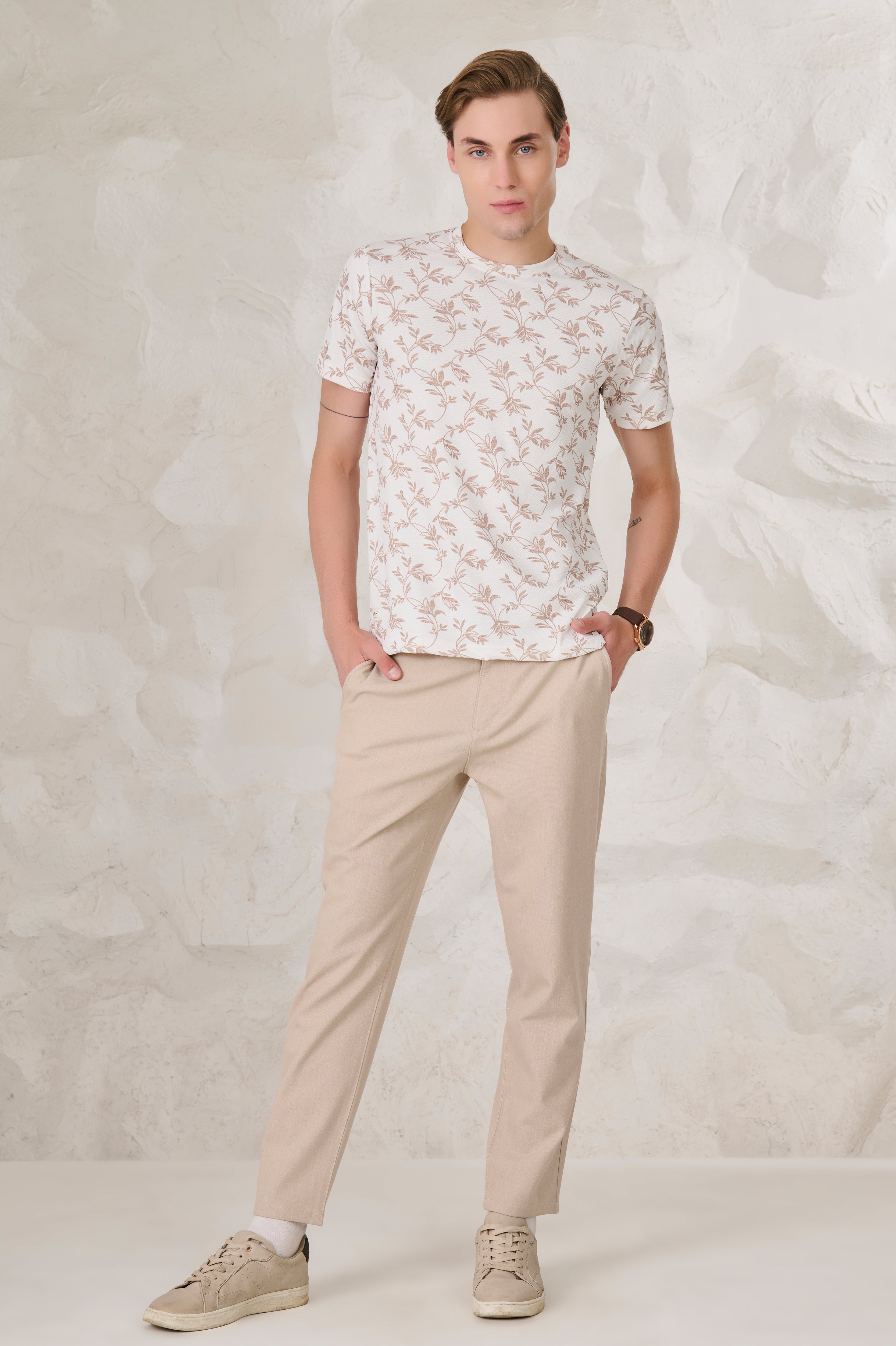 Buy All Over Leaves T-Shirt - White Online Shopping view 5