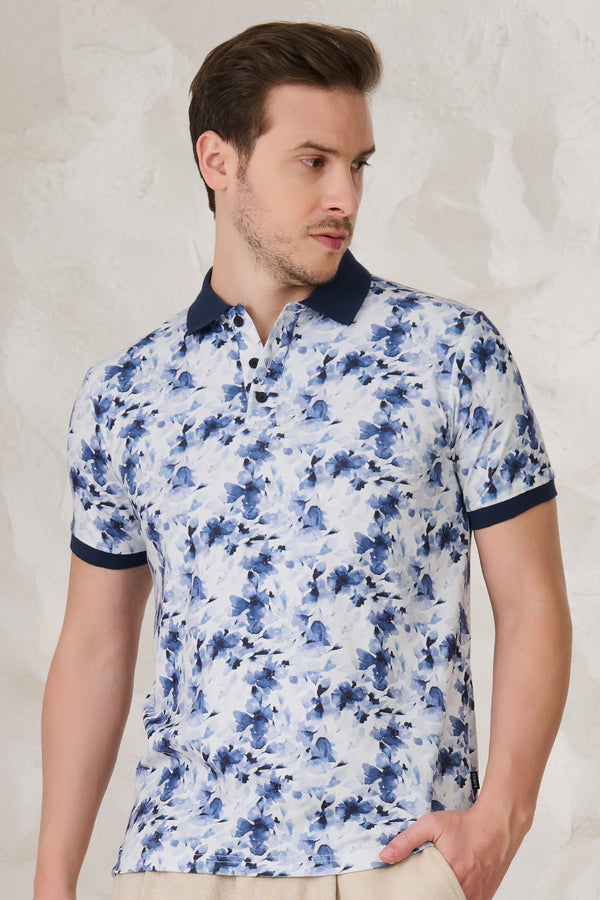 Painted Blueflowers Polo - White