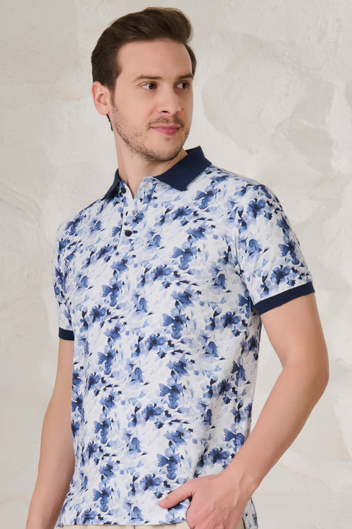 Painted Blueflowers Polo - White