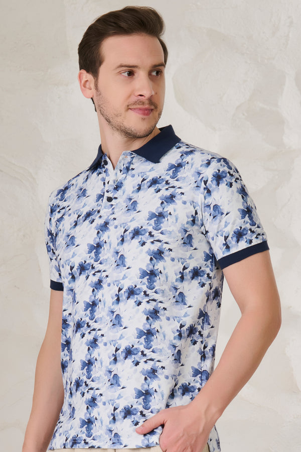 Painted Blueflowers Polo - White