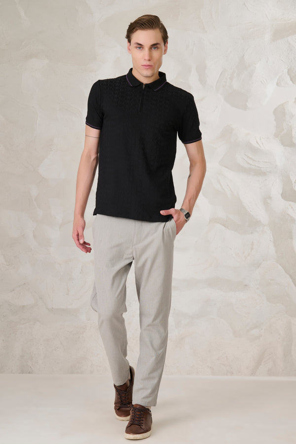 Herringbone Textured Tipped Performance Polo - Black