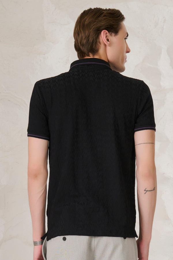 Herringbone Textured Tipped Performance Polo - Black