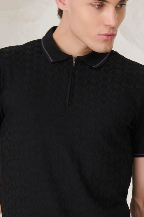 Herringbone Textured Tipped Performance Polo - Black
