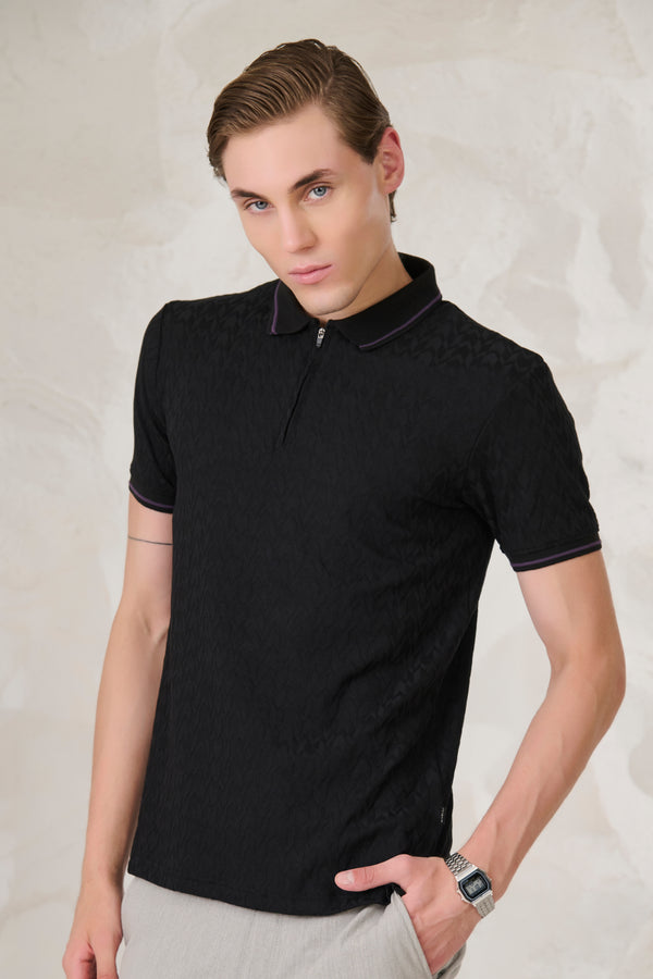 Herringbone Textured Tipped Performance Polo - Black