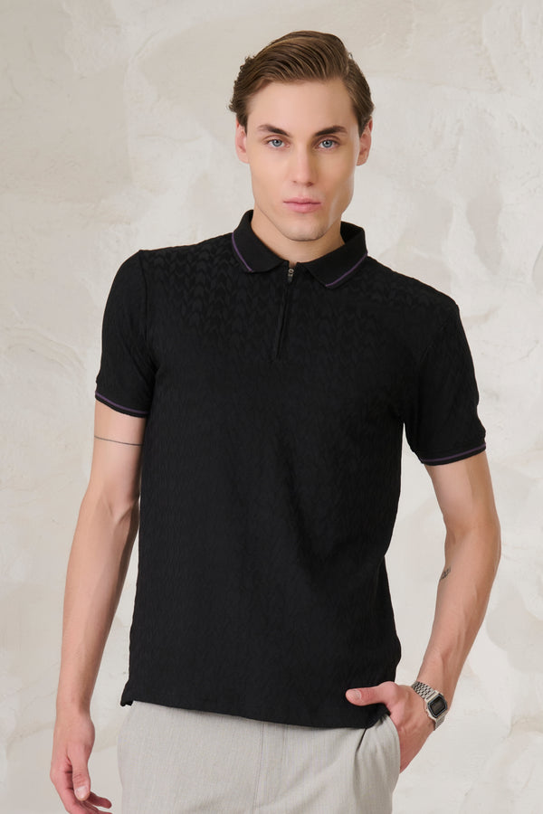 Herringbone Textured Tipped Performance Polo - Black