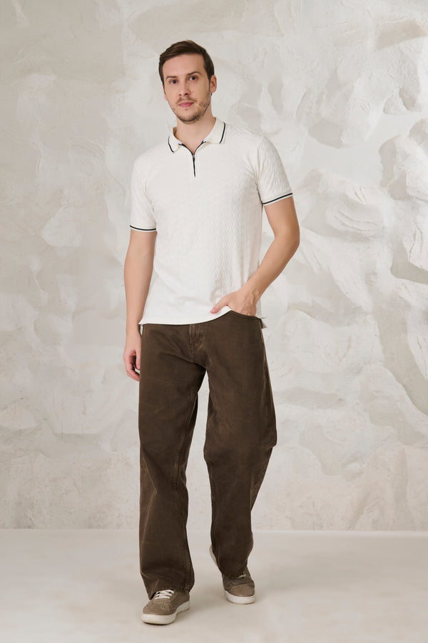 Herringbone Textured Tipped Performance Polo - White