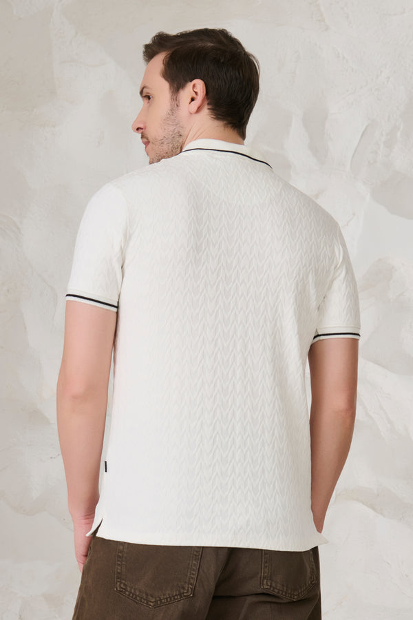 Herringbone Textured Tipped Performance Polo - White
