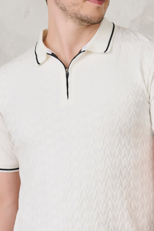 Herringbone Textured Tipped Performance Polo - White