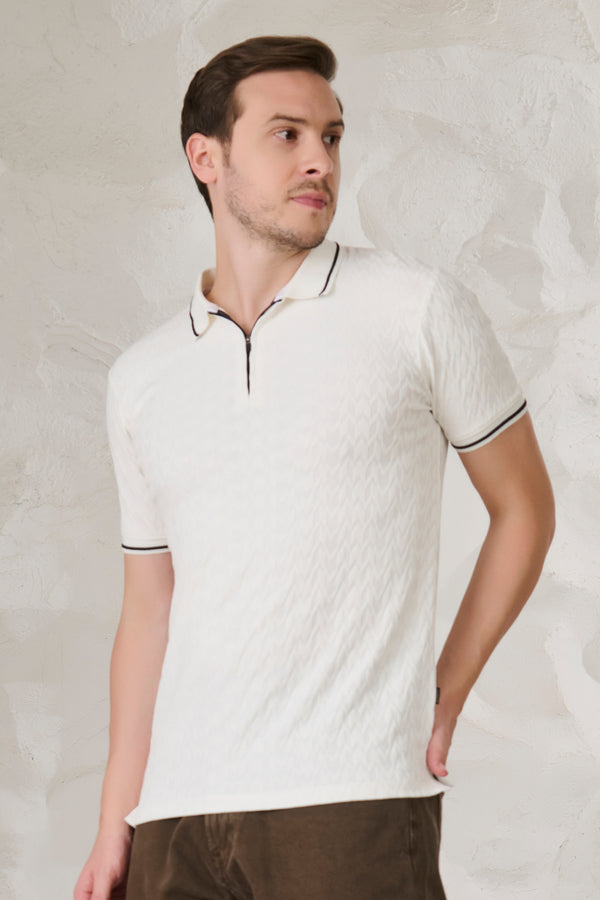 Herringbone Textured Tipped Performance Polo - White