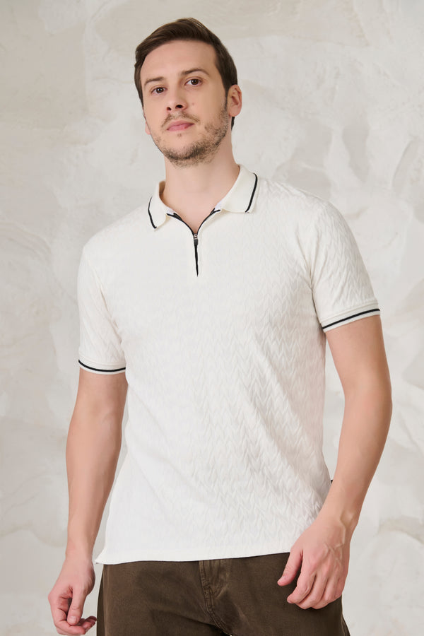Herringbone Textured Tipped Performance Polo - White