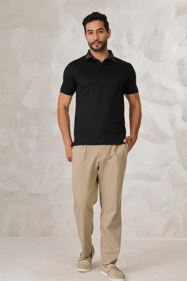 Printed Geometric Collar Performance Polo - Black
