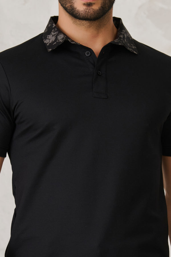Printed Geometric Collar Performance Polo - Black