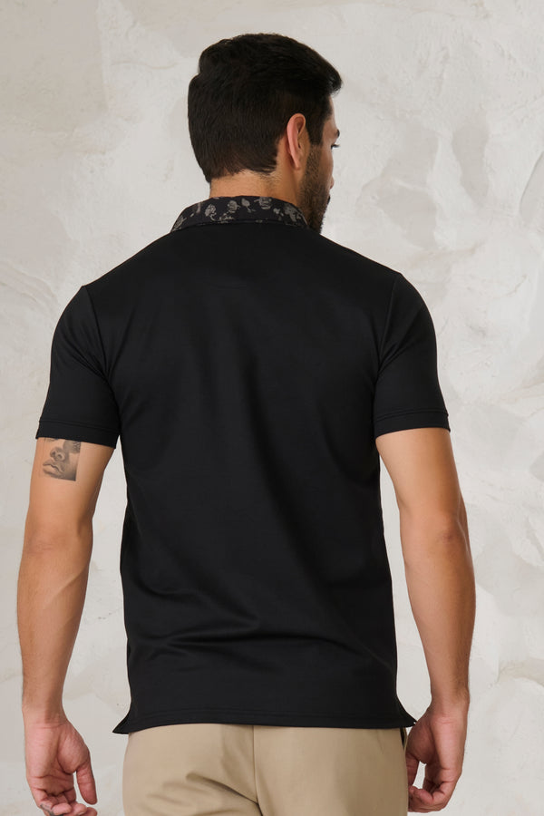 Printed Geometric Collar Performance Polo - Black