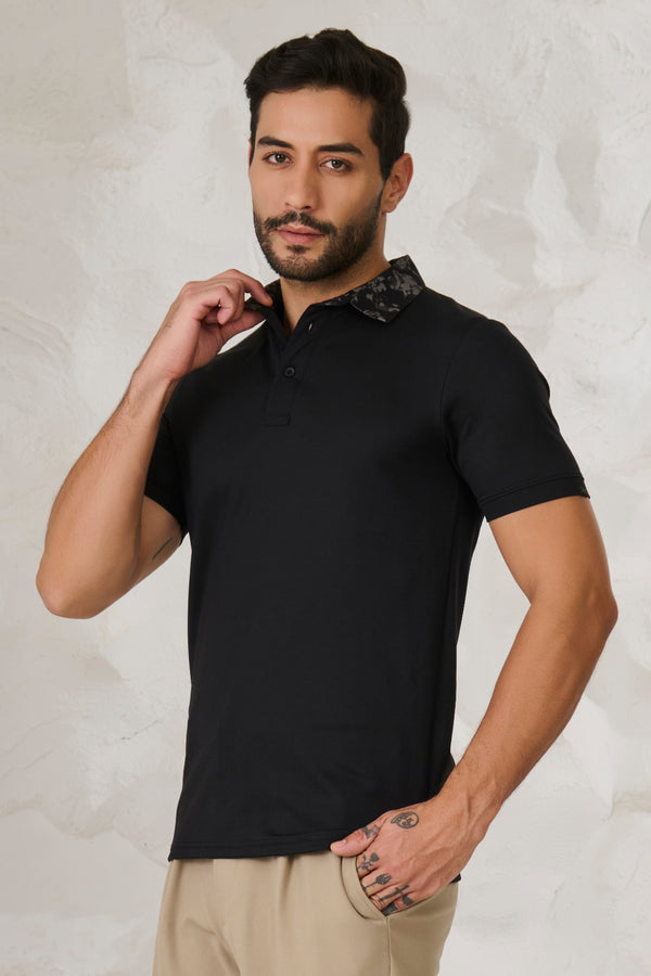 Printed Geometric Collar Performance Polo - Black