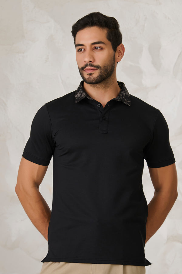 Printed Geometric Collar Performance Polo - Black