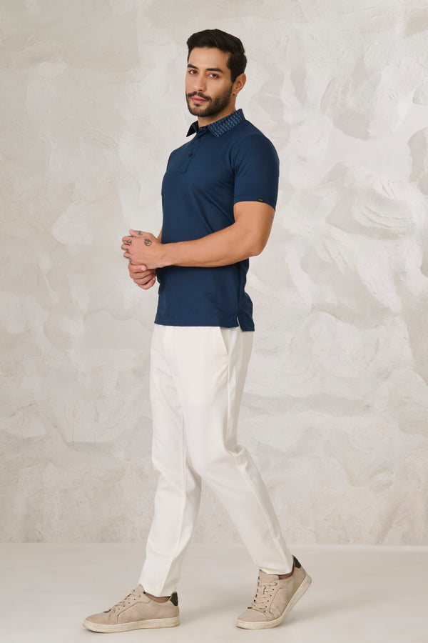 Printed Geometric Collar Performance Polo - Teal