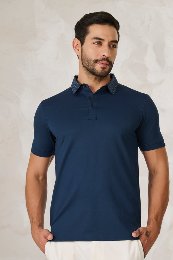 Printed Geometric Collar Performance Polo - Teal