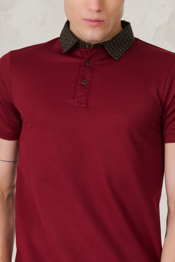 Printed Geometric Collar Performance Polo - Wine