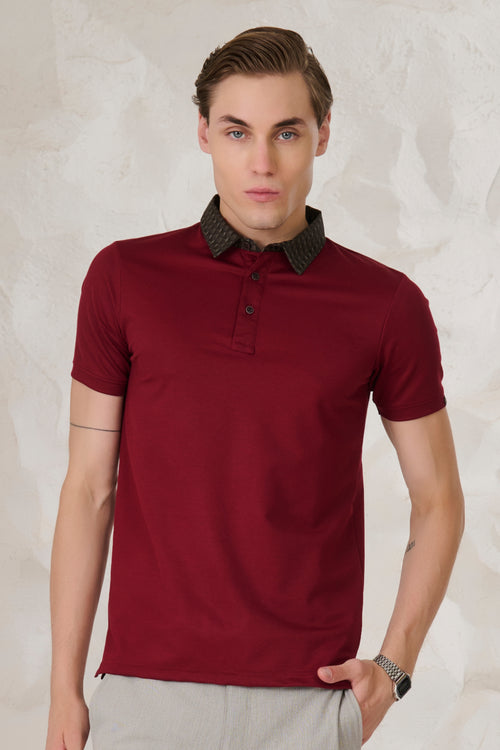 Printed Geometric Collar Performance Polo - Wine