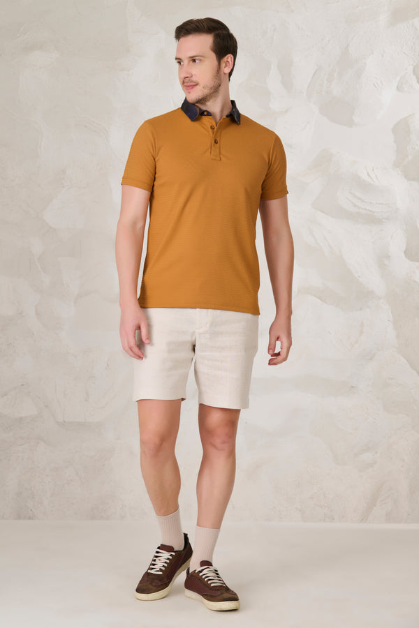 Printed Collar Textured Polo - Mustard