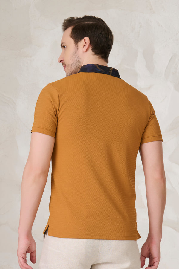Printed Collar Textured Polo - Mustard