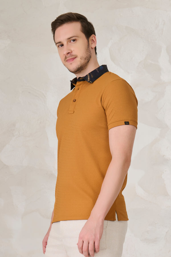 Printed Collar Textured Polo - Mustard