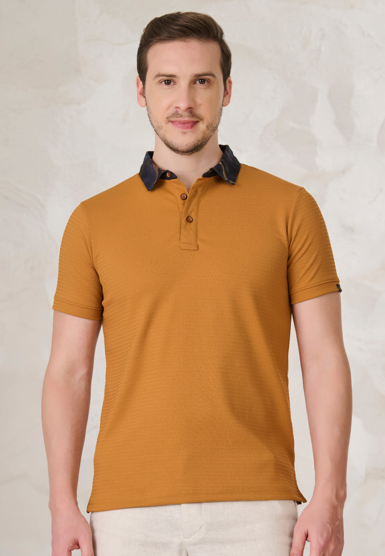 Printed Collar Textured Polo - Mustard