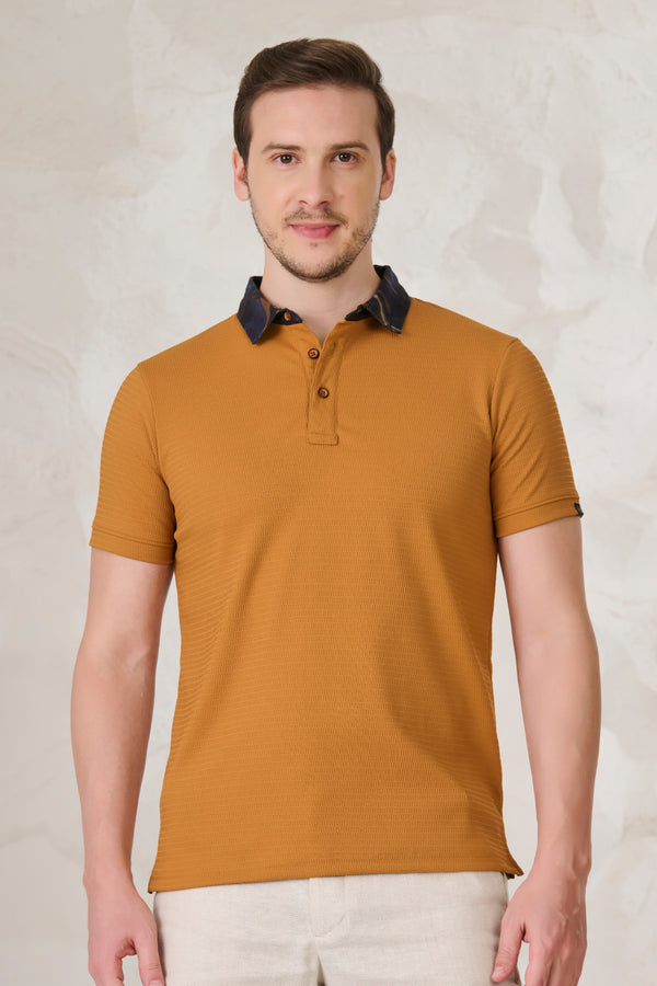 Printed Collar Textured Polo - Mustard