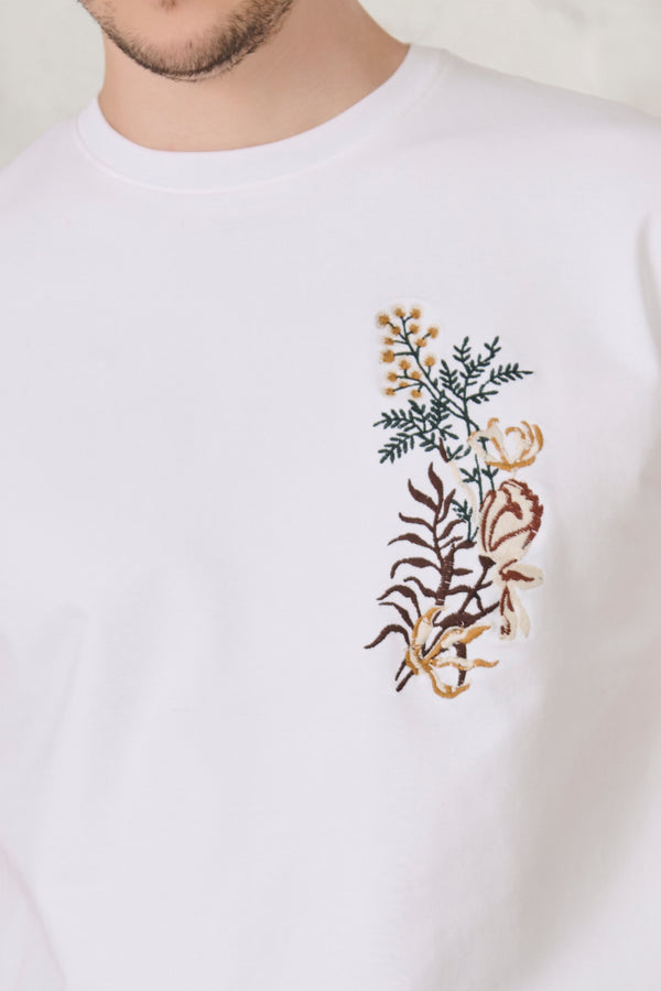Ferns & Petals Embroidered Oversized T-Shirt - White