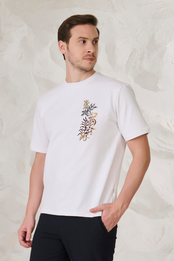 Ferns & Petals Embroidered Oversized T-Shirt - White