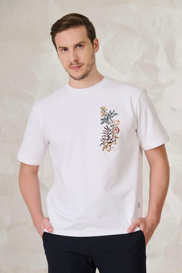 Ferns & Petals Embroidered Oversized T-Shirt - White